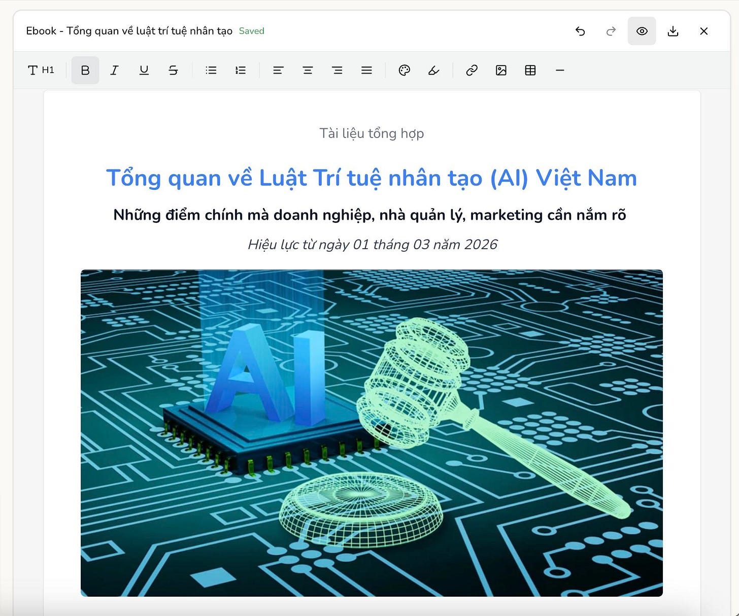 Có thể là đồ họa về văn bản cho biết 'Ebook Ebook-Tongquanveltrituti tạo Saved Tống quan về tật trí tuệ nhân TH1 H1 T B I y ල り。也× تب 5 ® x Tài liệu tổng Tàliệutổnghợp hợp Tổng quan về Luật Trí tuệ nhân tạo (AI) Việt Nam Những điểm chính mà doanh nghiệp, nhà quản lý, marketing cẩn nắm rõ Hiệu lực từ ngày 01 tháng 03 năm 2026 0ه' Có thể là đồ họa về văn bản cho biết 'Ebook Ebook-Tongquanveltrituti tạo Saved Tống quan về tật trí tuệ nhân TH1 H1 T B I y ල り。也× تب 5 ® x Tài liệu tổng Tàliệutổnghợp hợp Tổng quan về Luật Trí tuệ nhân tạo (AI) Việt Nam Những điểm chính mà doanh nghiệp, nhà quản lý, marketing cẩn nắm rõ Hiệu lực từ ngày 01 tháng 03 năm 2026 0ه'