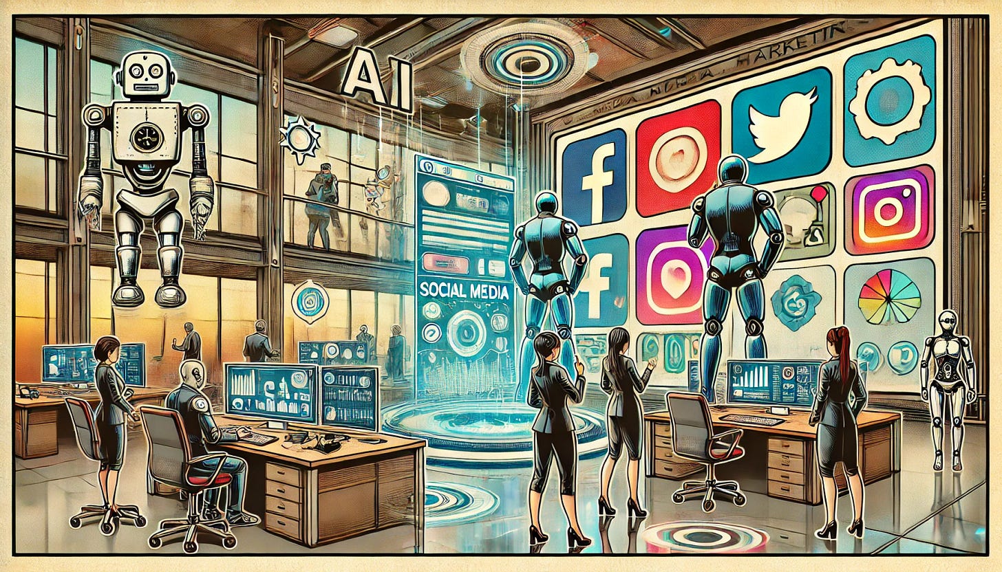 A comic strip style depiction of a high-tech office showcasing futuristic AI-driven social media marketing tools. The scene features exaggerated, dynamic panels with oversized screens displaying social media platforms, holographic interfaces, large robotic assistants, and AI elements interacting with digital content. The atmosphere is energetic and playful, with cartoonish characters and humorous interactions, highlighting the cutting-edge nature of these tools in a fun and engaging manner. Use a muted color palette to give the scene a more subdued and sophisticated look.
