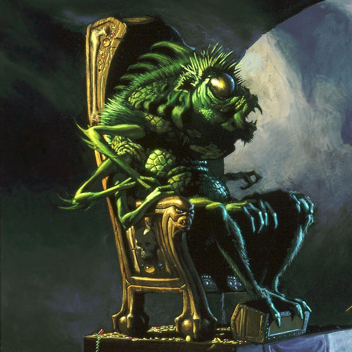 LEFT: Creature detail from URISH’S BANE featuring an 8-armed, green scaled, bug-eyed demon perched upon a wooden throne. Its feet rest on a coffer turned on its side. Gold coins litter the floor, spilling down the steps of the dais along with colorful jewels (rubies, amethysts, and topaz), strings of pearls and human bones   RIGHT: Detail from URISH'S BANE featuring Elric with glowing red eyes holding up Stormbringer as if announcing his presence in a show of power. The black blade streams purple mist. The chamber is dimly lit so his clothes appear devoid of color except for the red sash at his waist. A bearded companion wearing turbaned-helm stands just behind him in the archway.