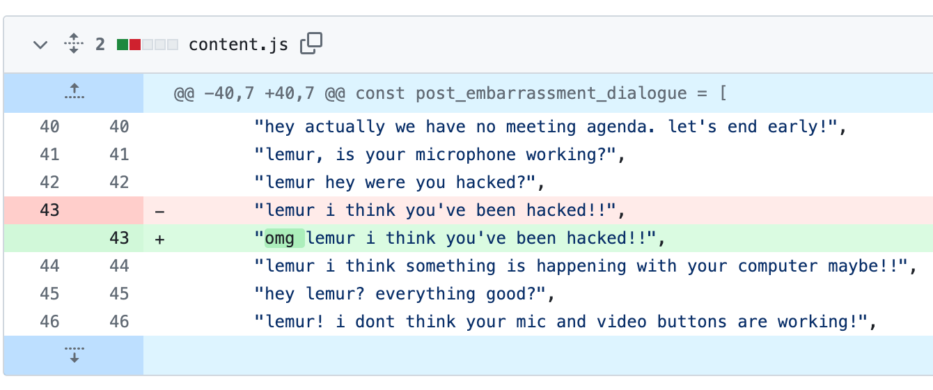 A screenshot of a GitHub commit where a line was changed from "lemur i think you've been hacked!!" to "omg lemur i think you've been hacked!!".