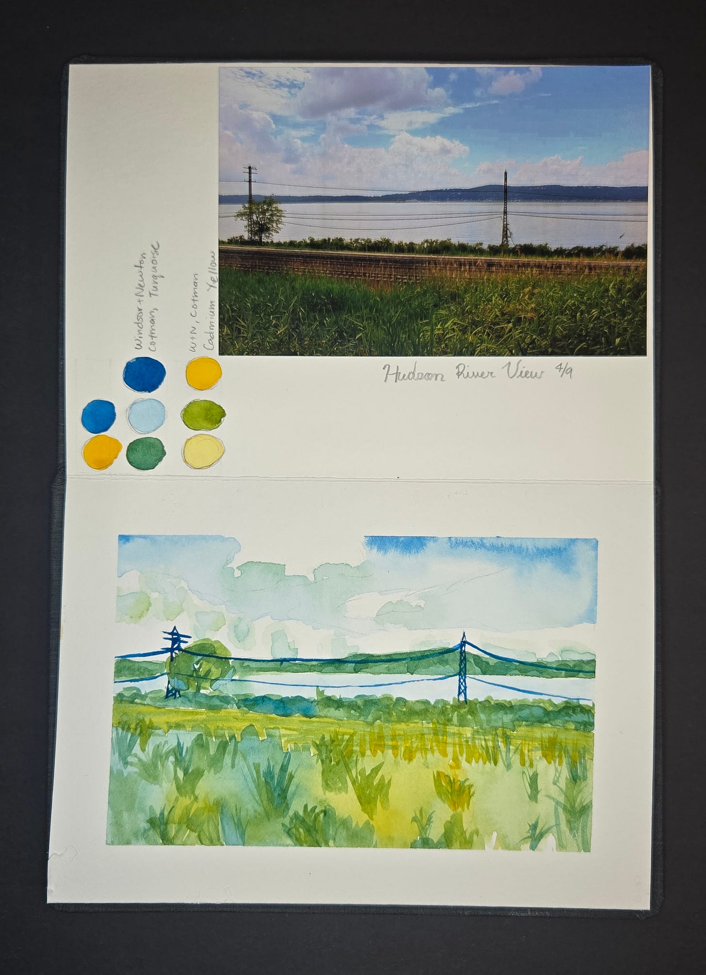 Hudson River watercolor using turquoise and cadmium yellow, depicting a sunlit summer scene with fields, power lines, and blue skies.
