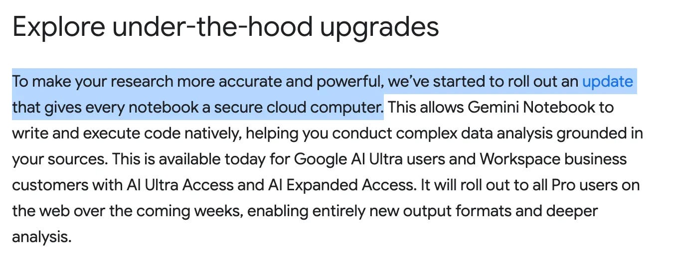 Google announcement stating every notebook gets a secure cloud computer that writes and executes code