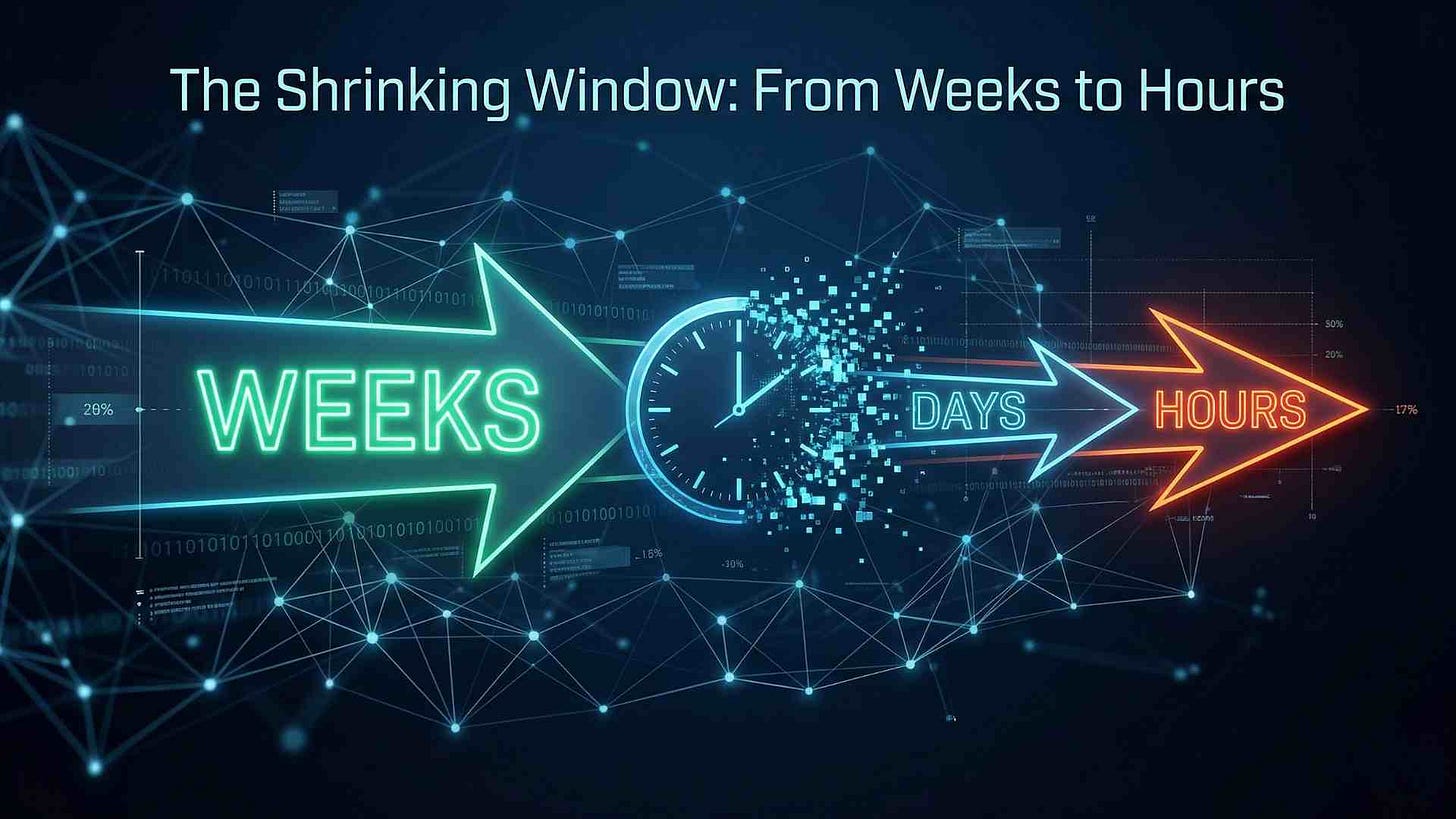 Timeline visualization showing vulnerability exploitation window compressing from weeks to hours with fragmenting digital clock Timeline visualization showing vulnerability exploitation window compressing from weeks to hours with fragmenting digital clock
