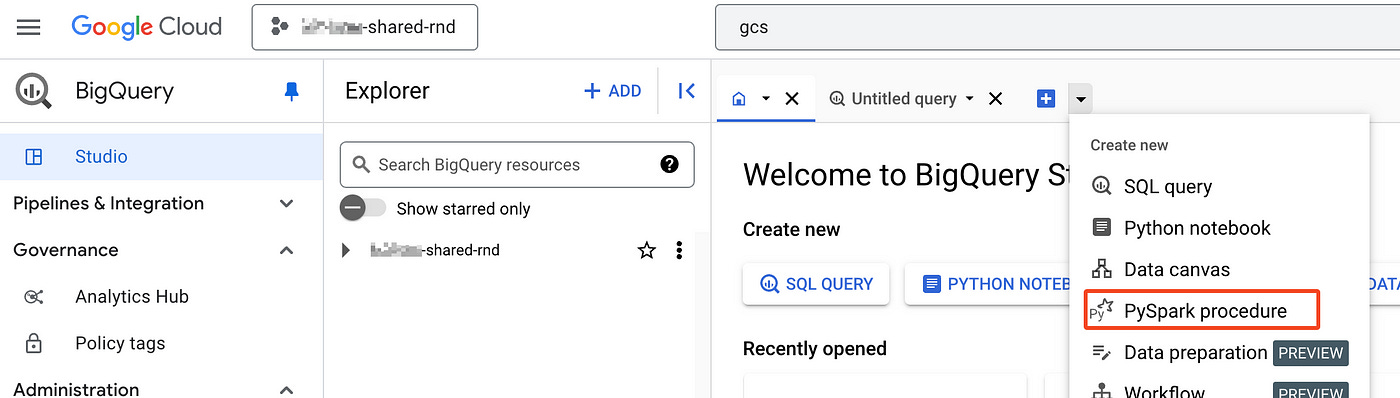 BigQuery Studio — Create PySpark procedure