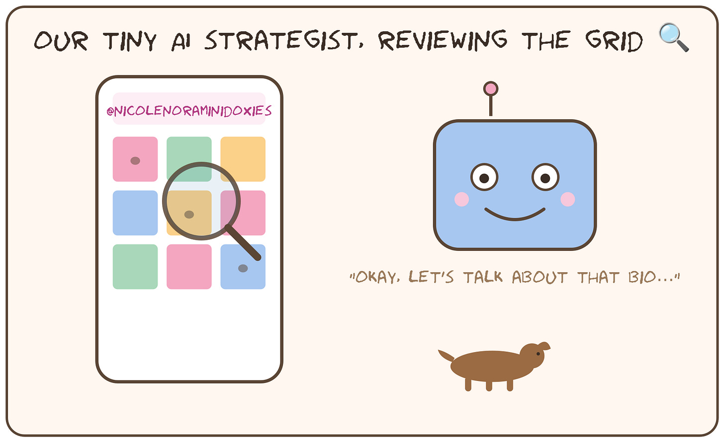 Hand-drawn illustration of an AI audit sniff-testing the Nicole and Nora Instagram grid to find why a pet account is stuck, starting with the bio Hand-drawn illustration of an AI audit sniff-testing the Nicole and Nora Instagram grid to find why a pet account is stuck, starting with the bio