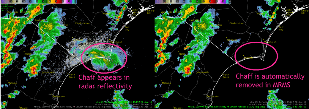 two radar images showing rainfall in green and yellow, one of them is missing a green blob in the center