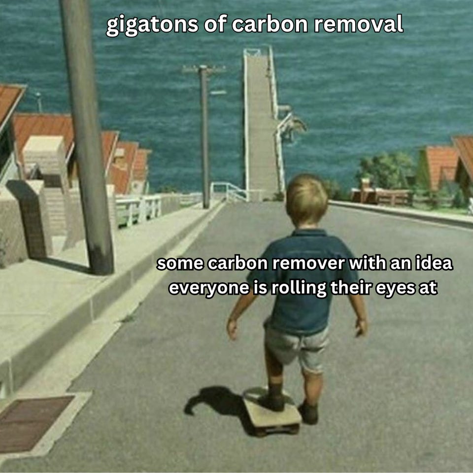 A small boy on a skateboard at the top of a steep road that plunges toward a long pier, labelled "some carbon remover with an idea everyone is rolling their eyes at," with the ramp labelled "gigatons of carbon removal."