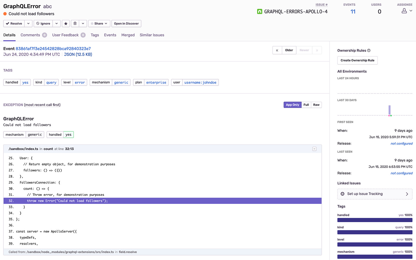 Sentry issue page Sentry issue page