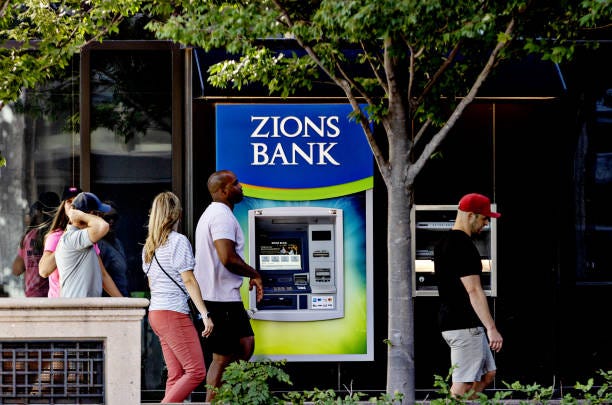 An automatic teller machine at the Zions Bank headquarters in Salt Lake City, Utah, US, on Monday, July 10, 2023. Zions Bancorp is scheduled to...