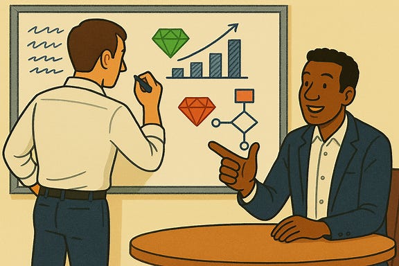 Take the uploaded cartoon-style image of a job interview scene and swap the races of the interviewer and candidate.