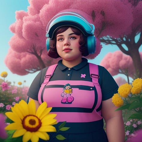 Bright floral pink and purple haired femmes in floral backgrounds.