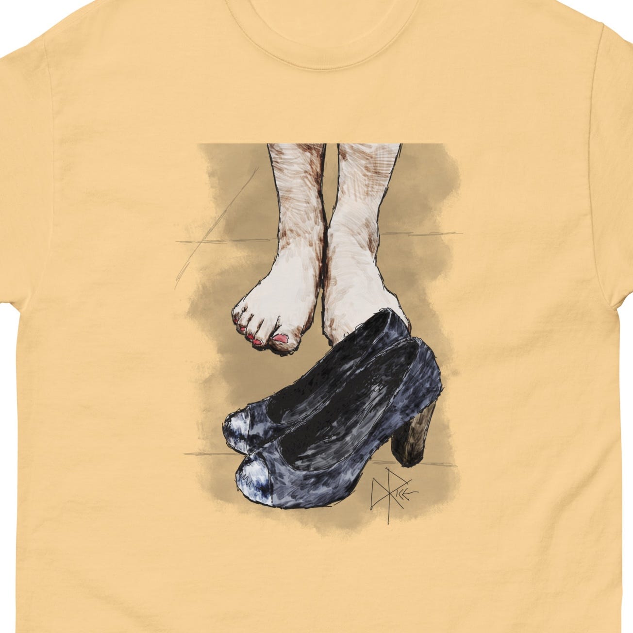 Bare feet, with red-painted toenails, stand behind a pair of empty high heeled shoes. Sketch art by Don Rice. Bare feet, with red-painted toenails, stand behind a pair of empty high heeled shoes. Sketch art by Don Rice.