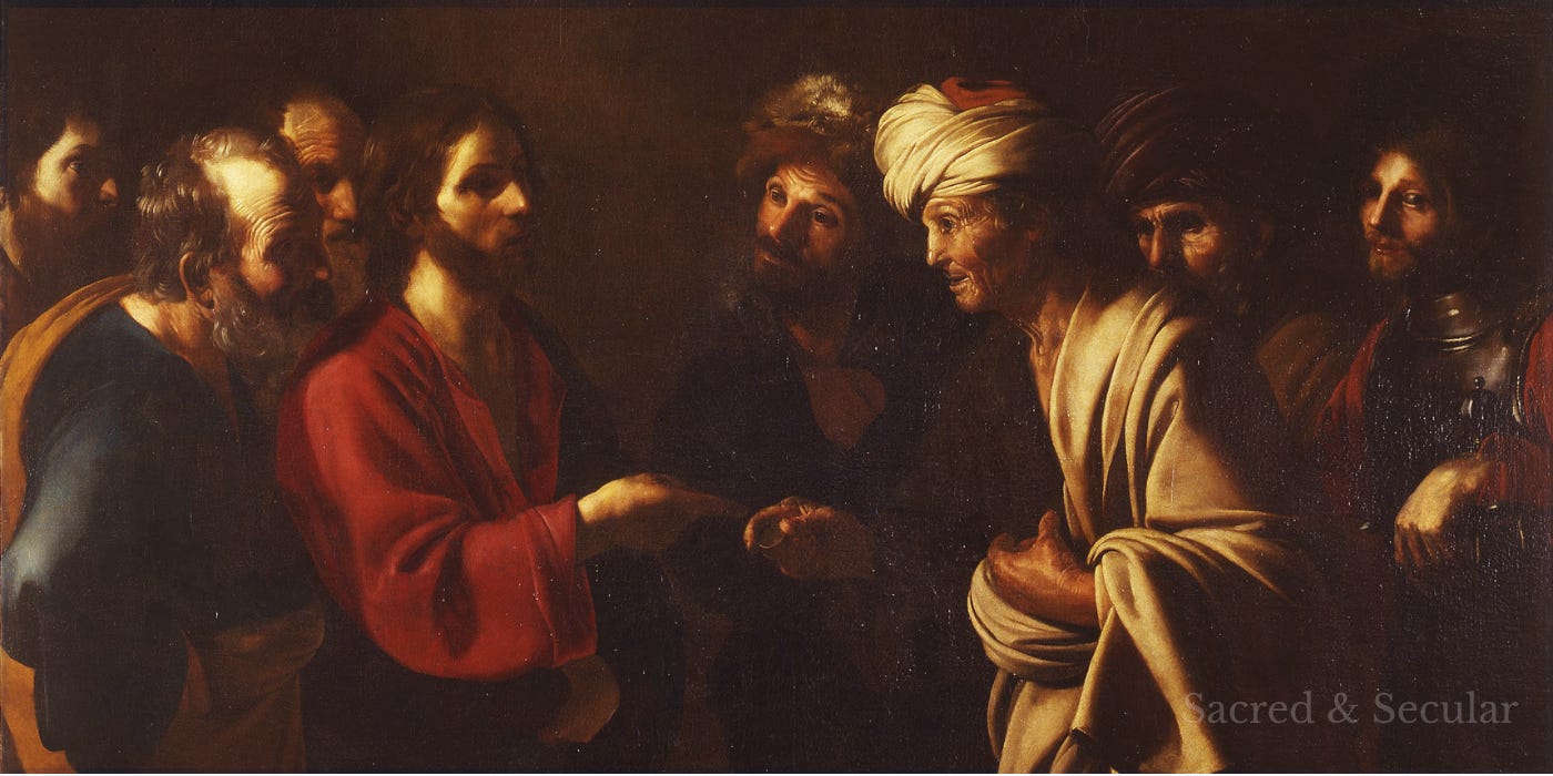 Jesus, dressed in red, faces a group of men as a coin is presented to him. The figures' expressions capture the tension of the question about paying taxes to Caesar. Jesus, dressed in red, faces a group of men as a coin is presented to him. The figures' expressions capture the tension of the question about paying taxes to Caesar.