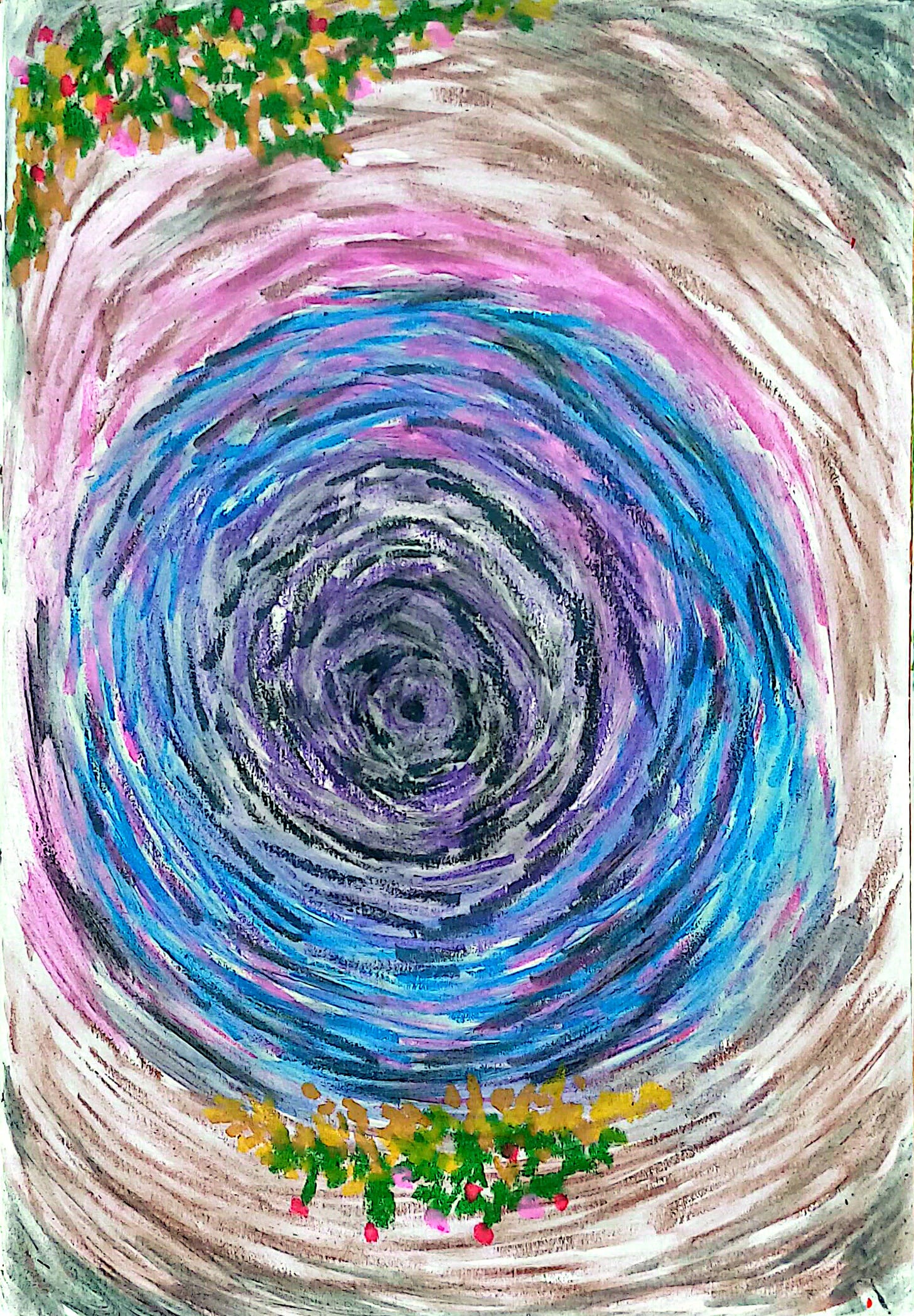 An expressive, hand-painted vortex of cool tones and earthy textures, titled 'The Void,' creating a sense of depth and movement