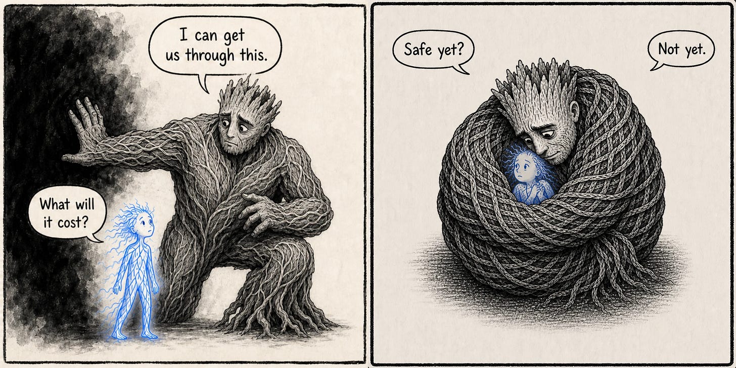 Cartoon of Big Clench, a large protective figure, standing guard over Little Feel, a small glowing nervous system Cartoon of Big Clench, a large protective figure, standing guard over Little Feel, a small glowing nervous system