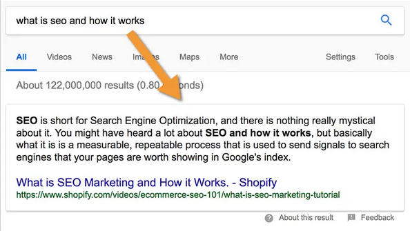A google search for "what is SEO and how it works." At the top of the page is a short answer taken from a webpage, which explains what SEO is.