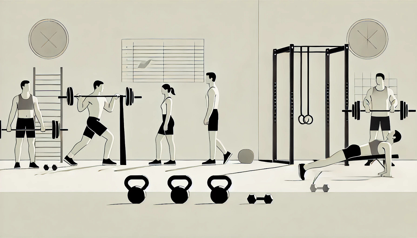 A minimalist gym scene with people performing various accessory movements. One person is using a resistance band for lateral walks, another is doing kettlebell swings, and a third is doing single-leg Romanian deadlifts with dumbbells. The gym has a clean, simple design with minimal equipment and neutral colors. The environment is uncluttered, focusing on the essential elements of the workout. A minimalist gym scene with people performing various accessory movements. One person is using a resistance band for lateral walks, another is doing kettlebell swings, and a third is doing single-leg Romanian deadlifts with dumbbells. The gym has a clean, simple design with minimal equipment and neutral colors. The environment is uncluttered, focusing on the essential elements of the workout.