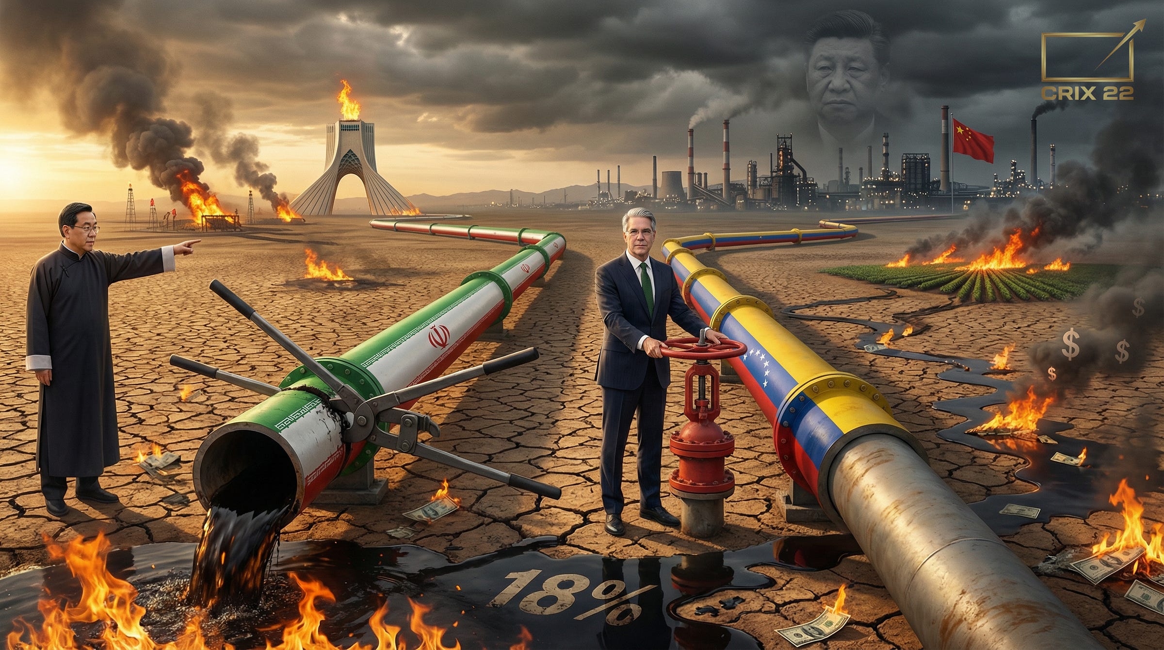 A Crix22 simulation scene shows an Iranian pipeline clamped and leaking into flames while a suited official closes a Venezuelan pipeline labeled 18%, with Prophet Jiang in the distance as China’s factories and flag loom behind the burning landscape.