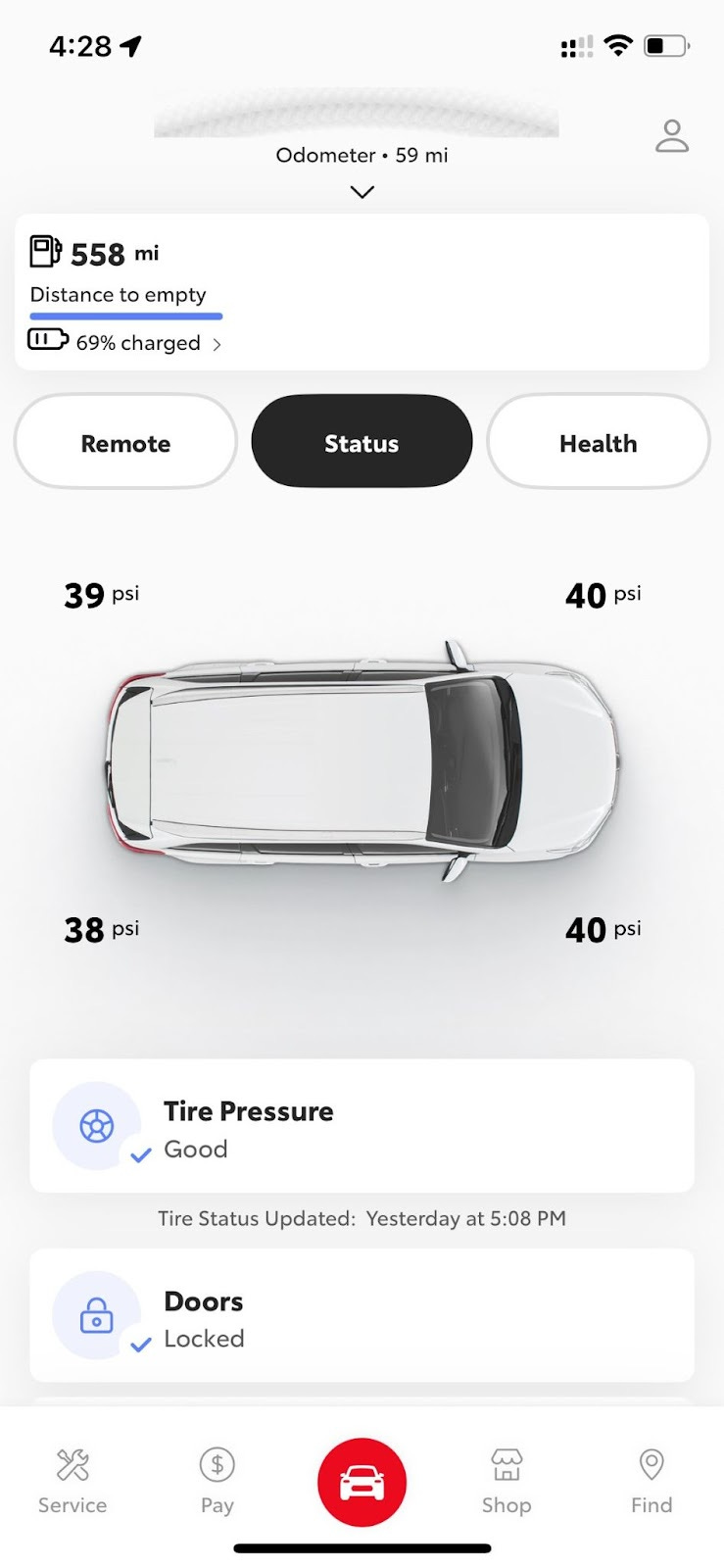 Screenshot of Toyota app on iPhone