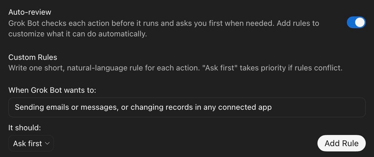 Grok Bot Auto-review with a prepared Ask first rule for sending messages or changing records. Grok Bot Auto-review with a prepared Ask first rule for sending messages or changing records.