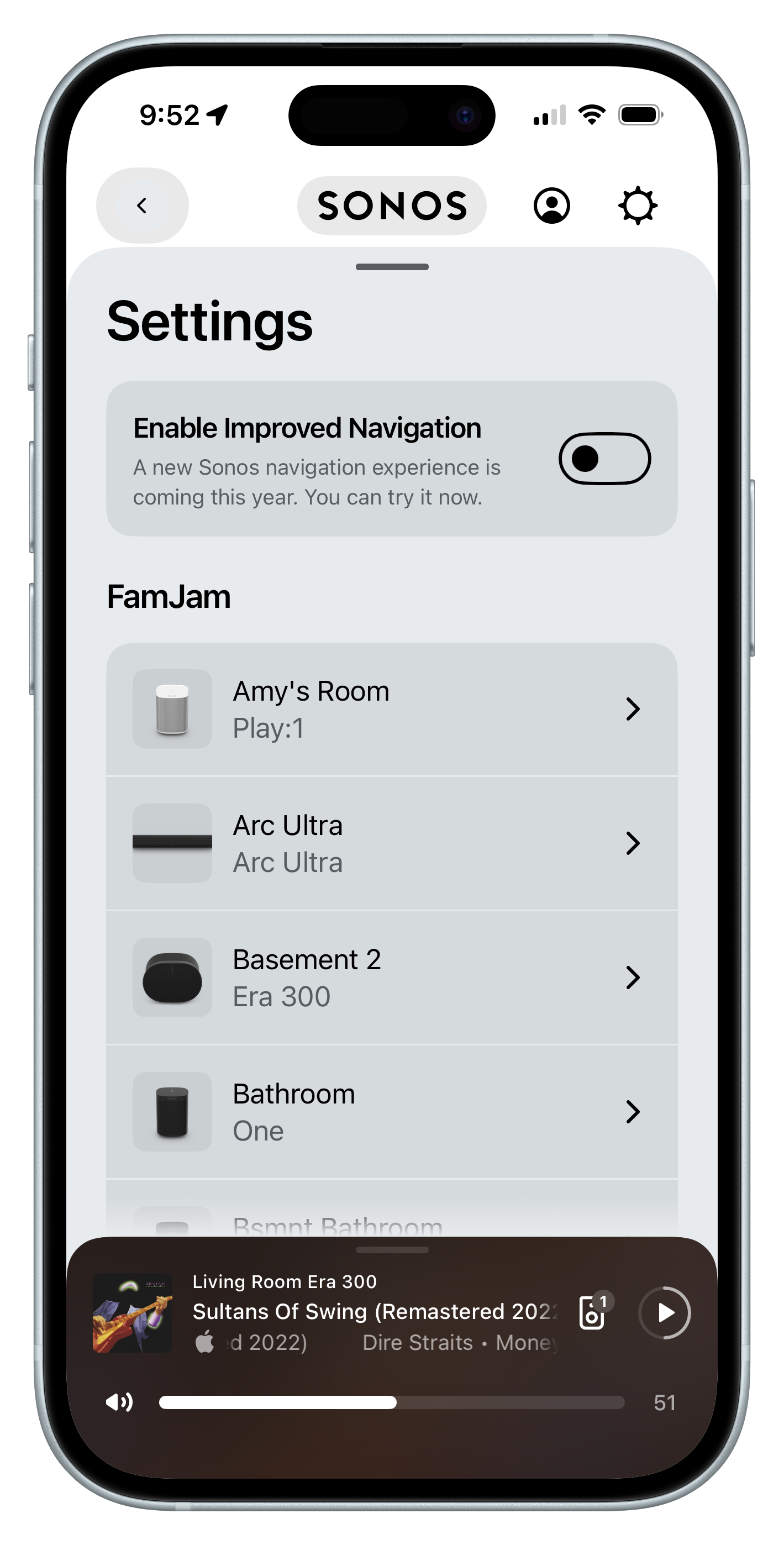 Sonos app for iOS showing optional switch for enabling navigation improvements. Sonos app for iOS showing optional switch for enabling navigation improvements.