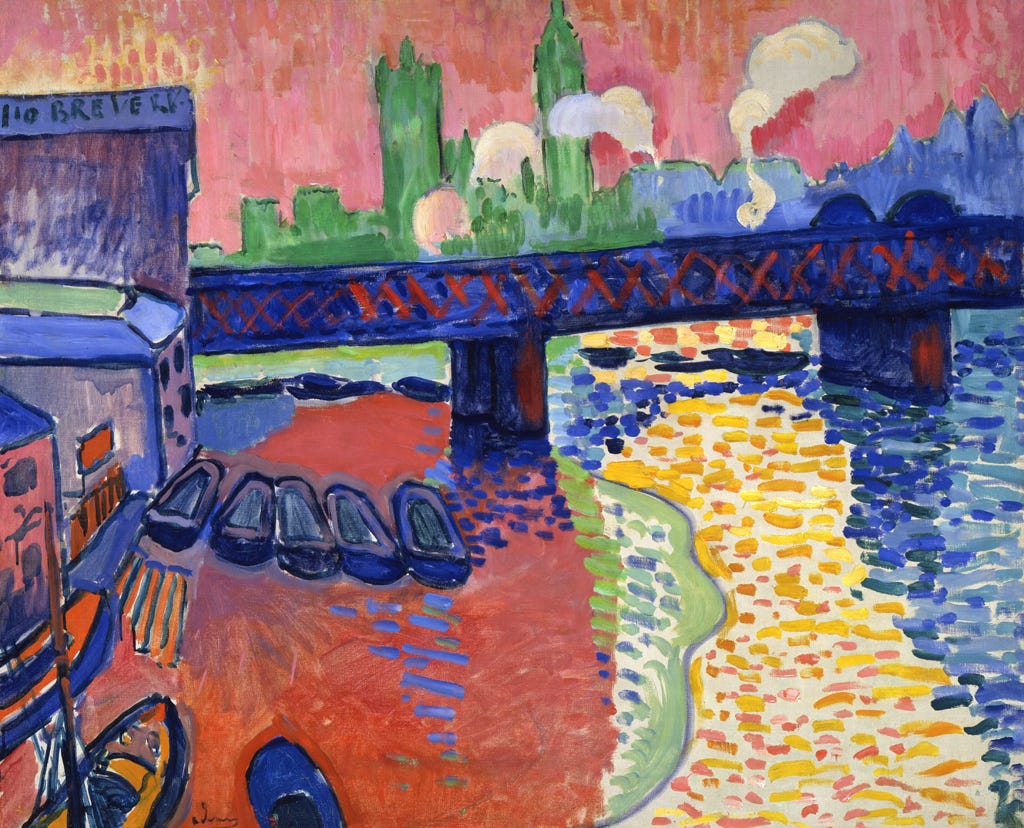 A London railway bridge in shocking pink and orange over the Thames A London railway bridge in shocking pink and orange over the Thames
