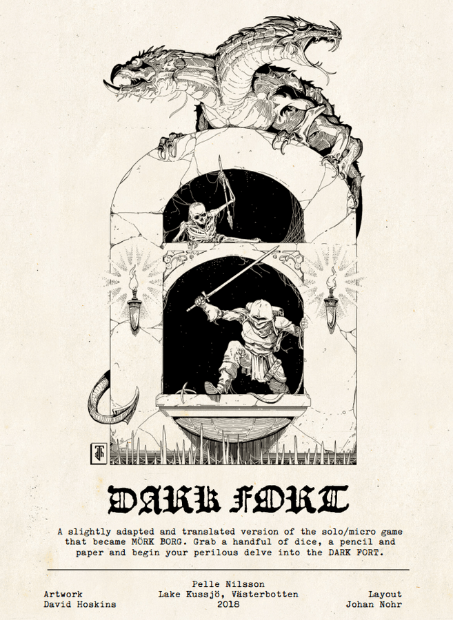 The cover art of Dark Fort, showing knights and skeletons and a big basilisk with two heads