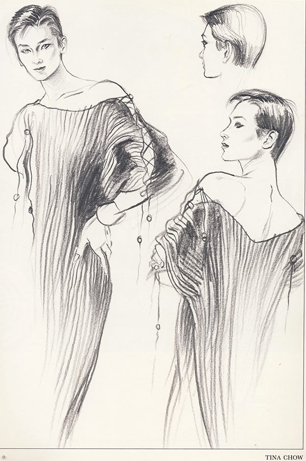 A scan of a pencil drawing depicting a woman wearing a loose pleated gown from three different perspectives.
