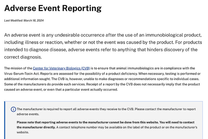 USDA: Our Pets and Livestock are in Danger. There is no reporting system for adverse events for veterinary vaccines at the USDA.