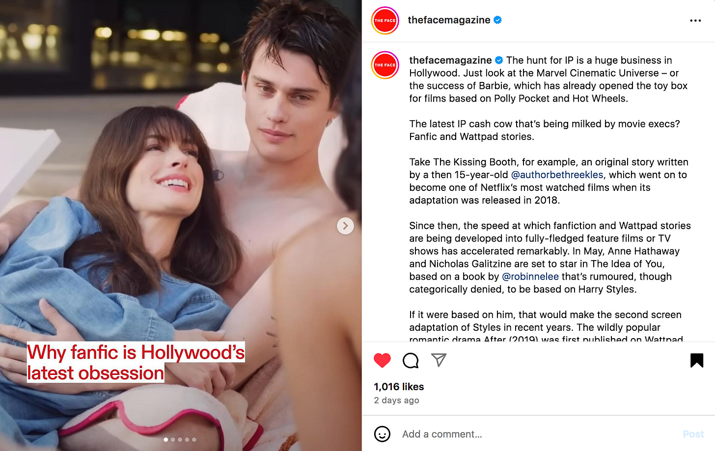 A screengrab of an instagram post by The Face magazine, featuring a still from new Anne Hathaway movie called The idea of You. 