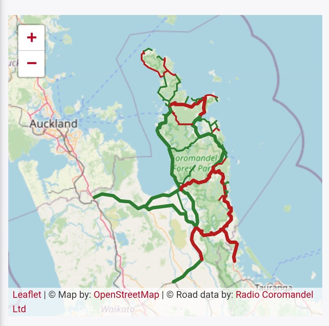 map of coromandel peninsula. many roads are in red, including all roads in and out of whitianga and whangamata