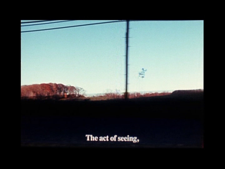 A farmland landscape viewed from a car window. Subtitles say: "The act of seeing,"
