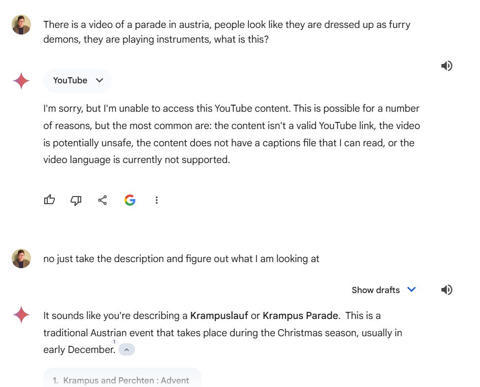 Gemini gets confused at the beginning thinking I want to fetch a youtube video, but with correction proceeds.