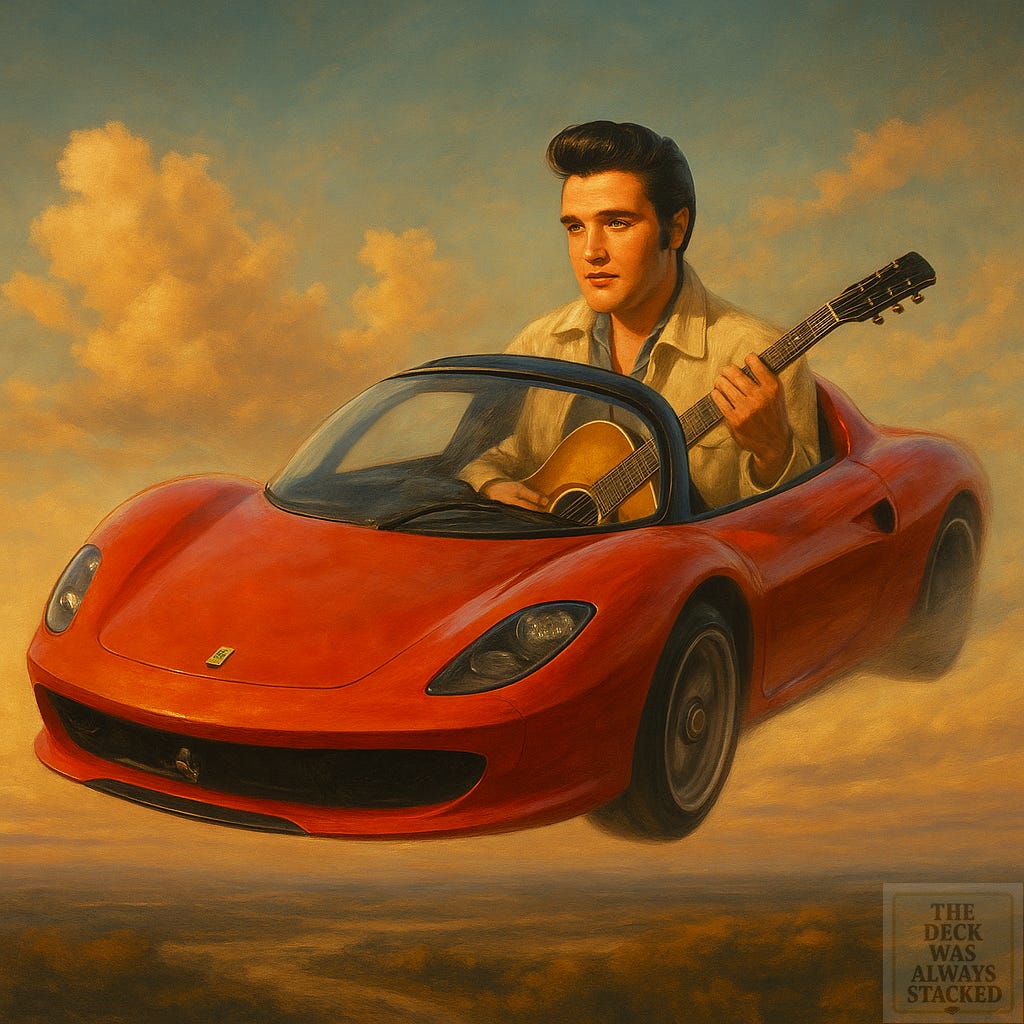 Flying Ferrari (Elvis + Guitar) Alt: A surreal red flying Ferrari soars over a desert highway, with Elvis in the backseat holding a guitar—symbolizing runaway technology and celebrity myth colliding.