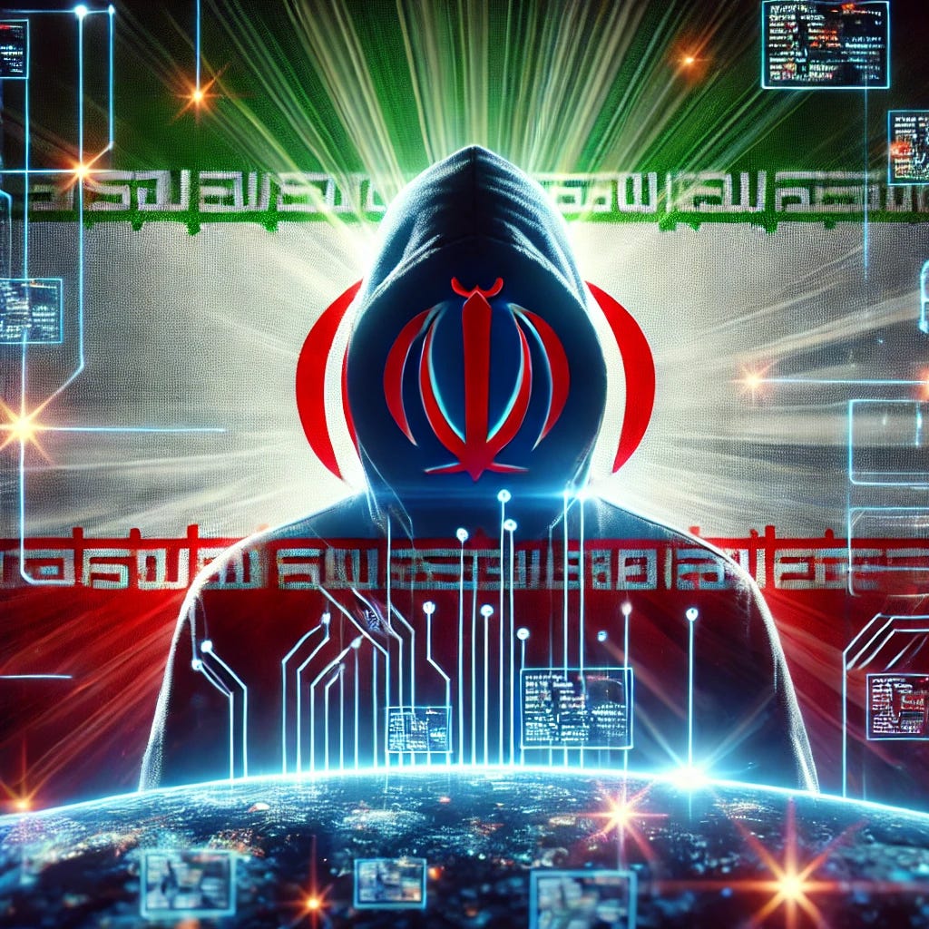 A high-quality digital illustration featuring a cyber attacker silhouette overlaid with an Iranian flag. The background includes glowing digital grids and the CyberAv3ngers logo, emphasizing the connection to Iran’s state-sponsored hacking activities targeting critical infrastructure.