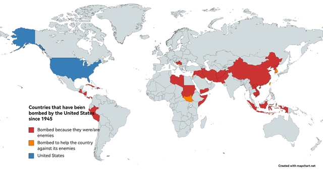 r/MapPorn - 30000 polas Countries that have been bombed by the United States since 1945 зроговим Bombed because they were/are enemies Bombed to help the country against its enemies United States .. do A*** 0 KE } ·a 5. ♡ Created with ma