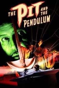 A movie poster for “The Pit and the Pendulum.” Vincent Price’s face glows an eerie green in the background.
