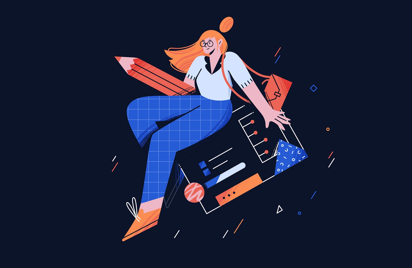 Character flighting on a screen with some UI, keeping a large pencil in hands on a black background