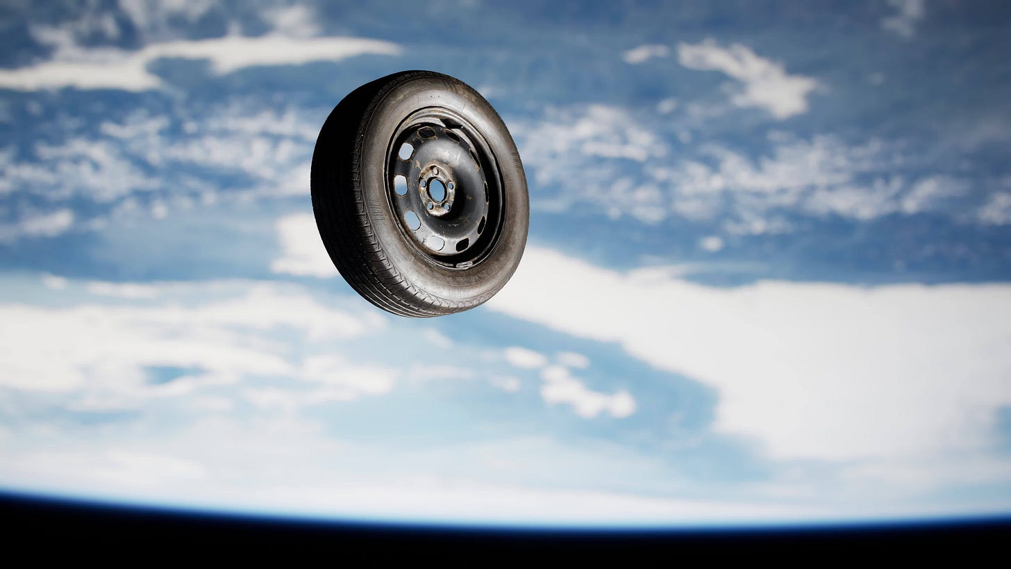 A tire flying through the air