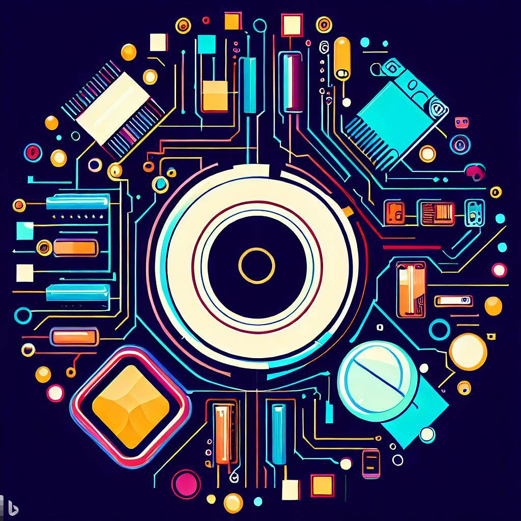The minimalist image should represent the idea of Quantum, and AI, with icons like punch cards, floppies, transitors, and other digital hardware litters across, energy like plasma pulses on the outside. Quantum in the center. Digital circuitry in the background.  use of vibrant colors could also help to create a sense of optimism and hope for a more equitable future. make it in a circle.