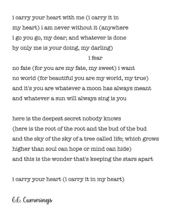 E.E. Cummings Poem I carry your heart I carry it in my heart Digital Art by  The Typography Tipi - Fine Art America