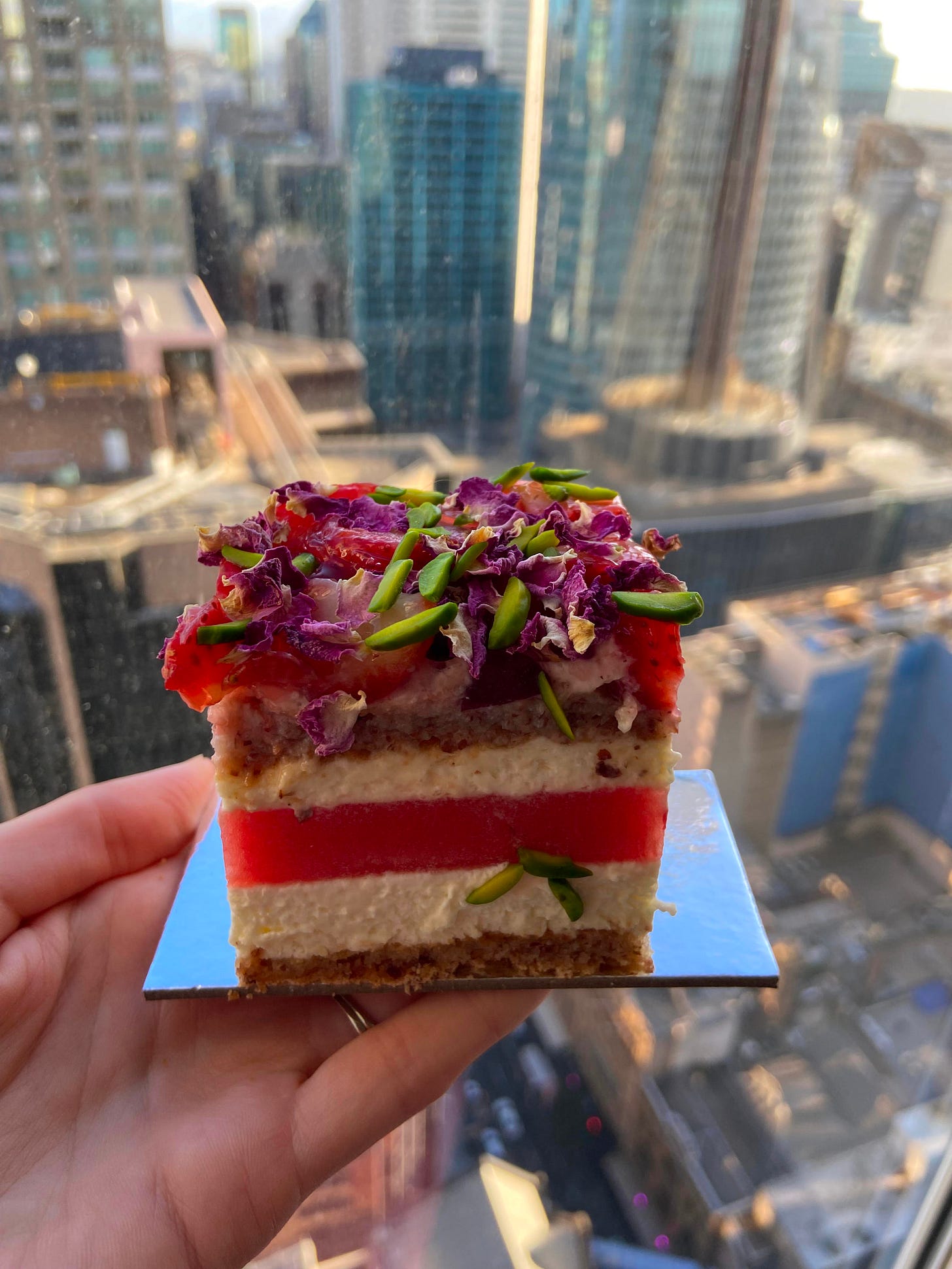 A hand is holding Sydney's famous Watermelon Cake in front of a window overlooking downtown Sydney buildings