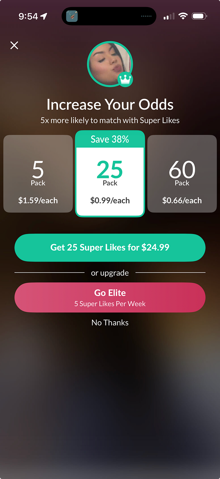 Screenshots of "Super Like" monetization features: Hinge’s Roses, Bumble’s SuperSwipes, and Tinder’s Super Likes. The images show pricing tiers and marketing copy promising users they will "stand out" and bypass the standard match queue.