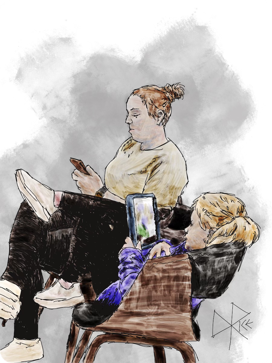 Mother and daughter comfortably seated in a public waiting area, engrossed in their screens as they bide their time until they are called upon. Sketch art by Don Rice.