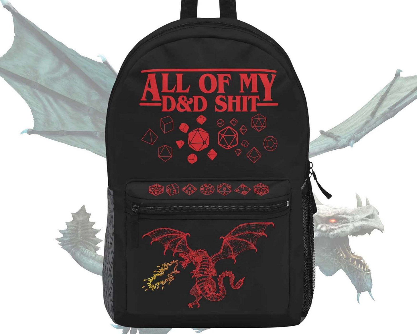 Black backpack with red illustrations of polyhedral dice, a fire-breathing dragon, and bold text that reads “ALL OF MY D&D SHIT.” Background features a faded image of an ice dragon with wings spread and glowing red eyes. Black backpack with red illustrations of polyhedral dice, a fire-breathing dragon, and bold text that reads “ALL OF MY D&D SHIT.” Background features a faded image of an ice dragon with wings spread and glowing red eyes.
