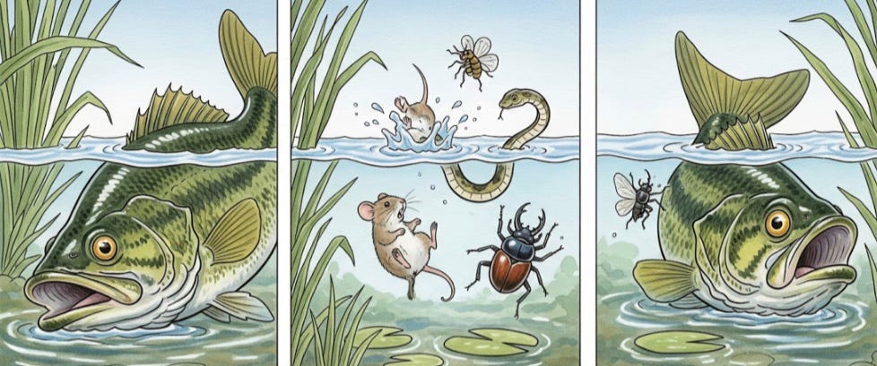 Tri-panel cartoon of 2 bass fish looking for fresh bait, worms, frogs, and insects in the center frame. Tri-panel cartoon of 2 bass fish looking for fresh bait, worms, frogs, and insects in the center frame.