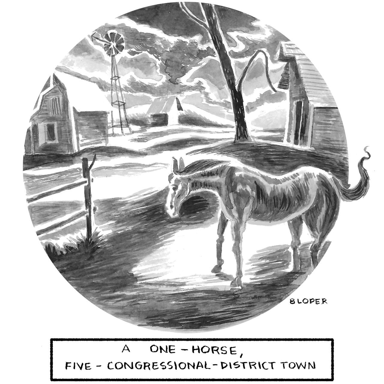 A horse in a field is surrounded by a smattering of farm buildings and a windmill with the text “A OneHorse...