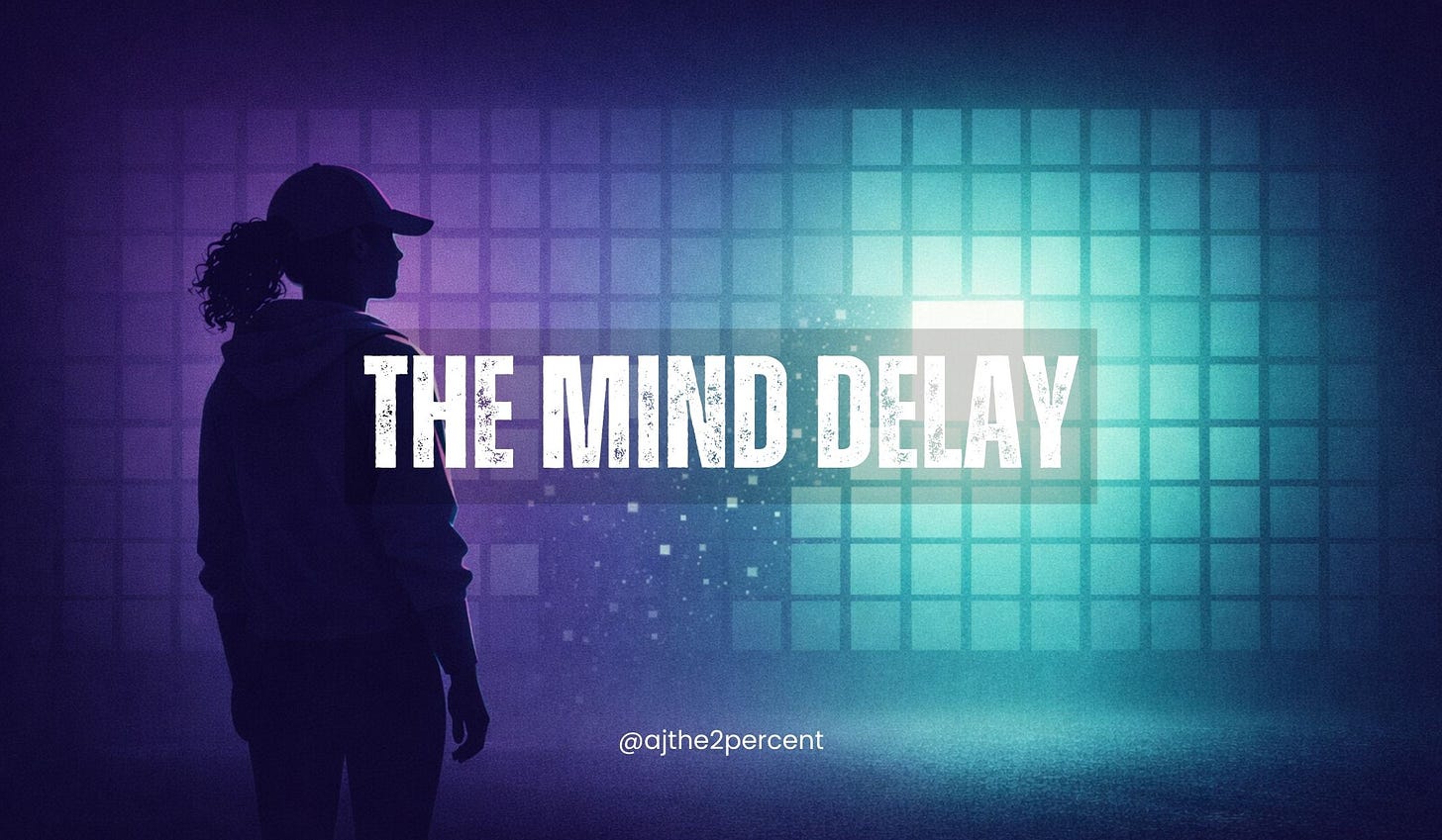 Female silhouette wearing a cap and hoodie stands facing a glowing grid of squares, with one bright missing square emitting teal light in a purple and teal abstract environment, symbolising a gap or delay in the mind.