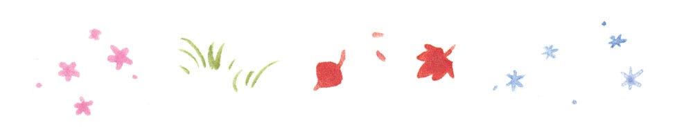 Close up on the textures used for each season: pink flowers, green grass, red leaves, pale blue snowflakes