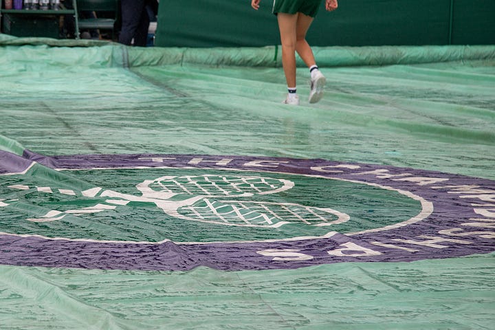 Four scenes from Wimbledon: Ben Shelton serving on an outside court, ball boys and ball girls huddled in Wimbledon uniforms, rain covers pulled across a court showing the Wimbledon crest, and the Royal Box on Centre Court during the Federer ceremony